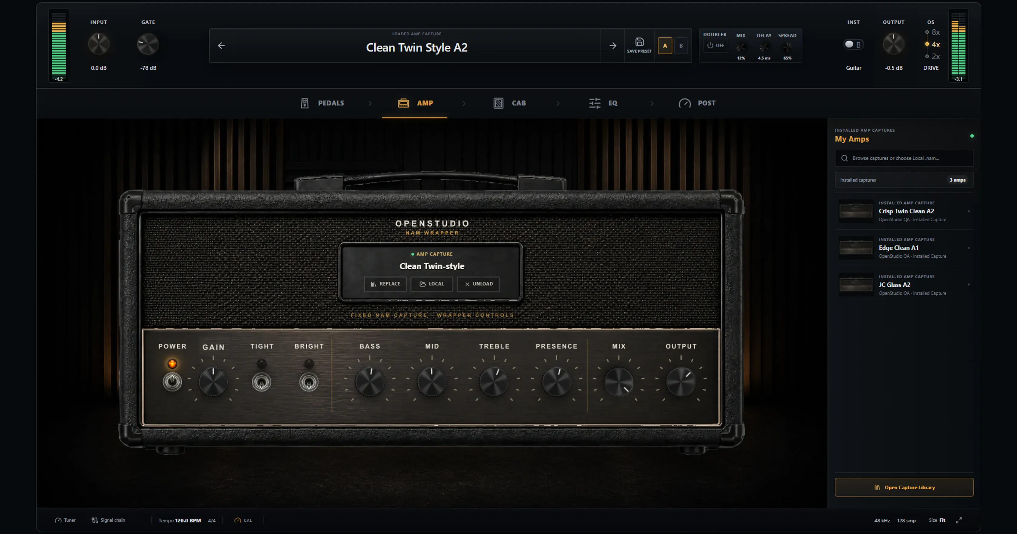 OpenStudio NAM Rack redesigned amp view with an A2 capture, input and output meters, cabinet navigation, and preset controls.